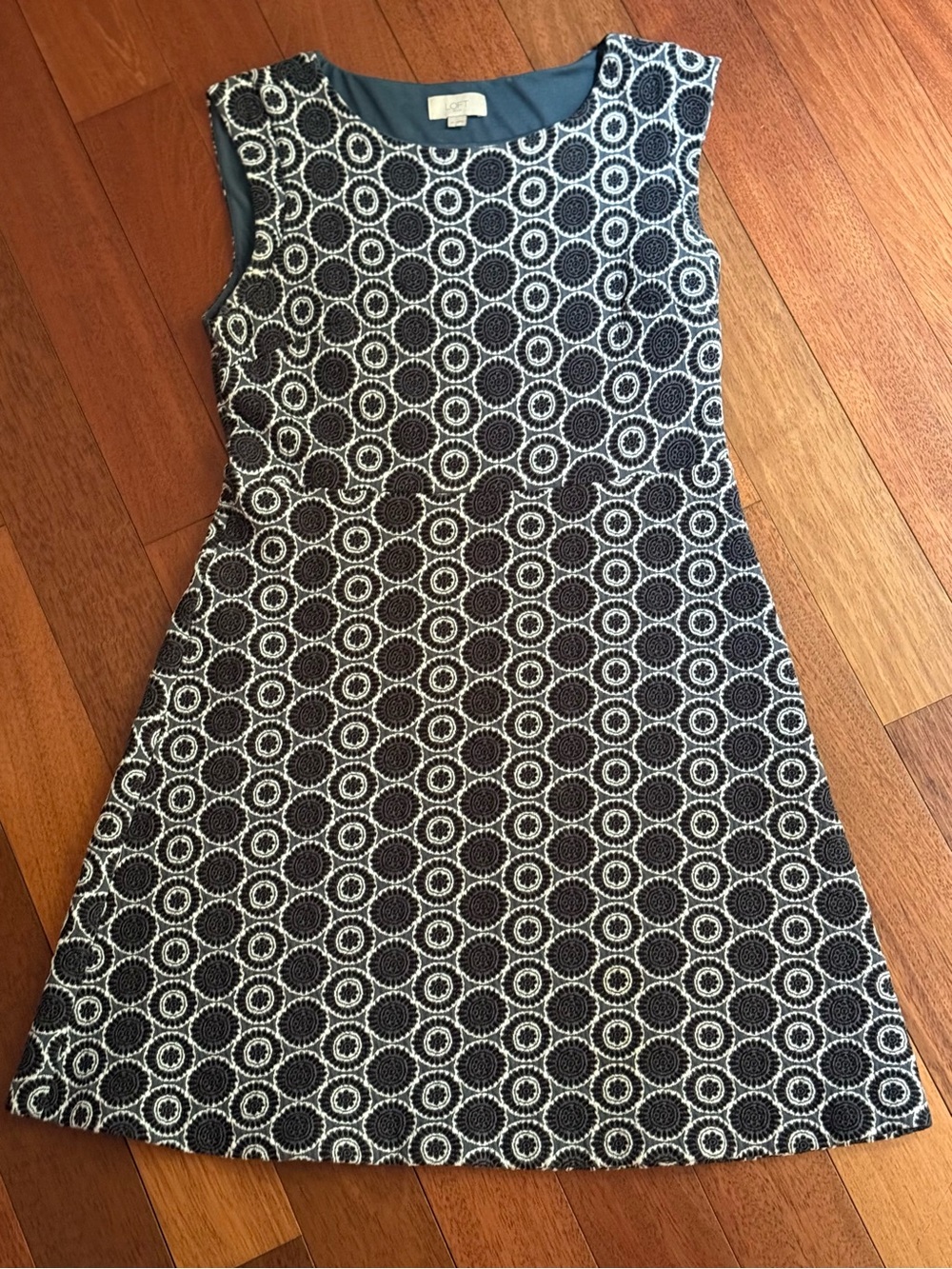 LOFT Navy Blue & White Circular Jacquard Sleeveless A-Line Dress